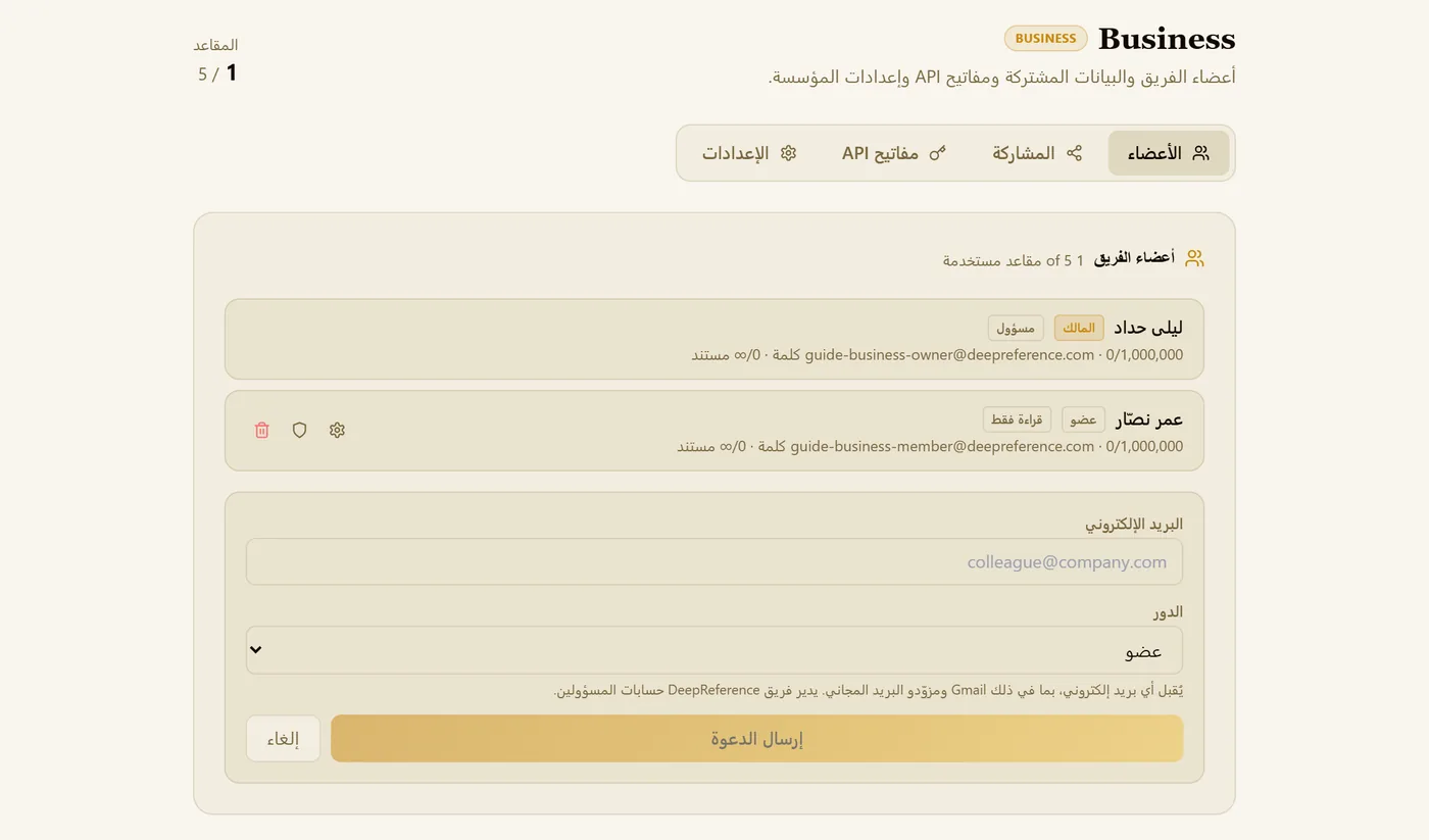 دعوة عضو: البريد الإلكتروني والدور.