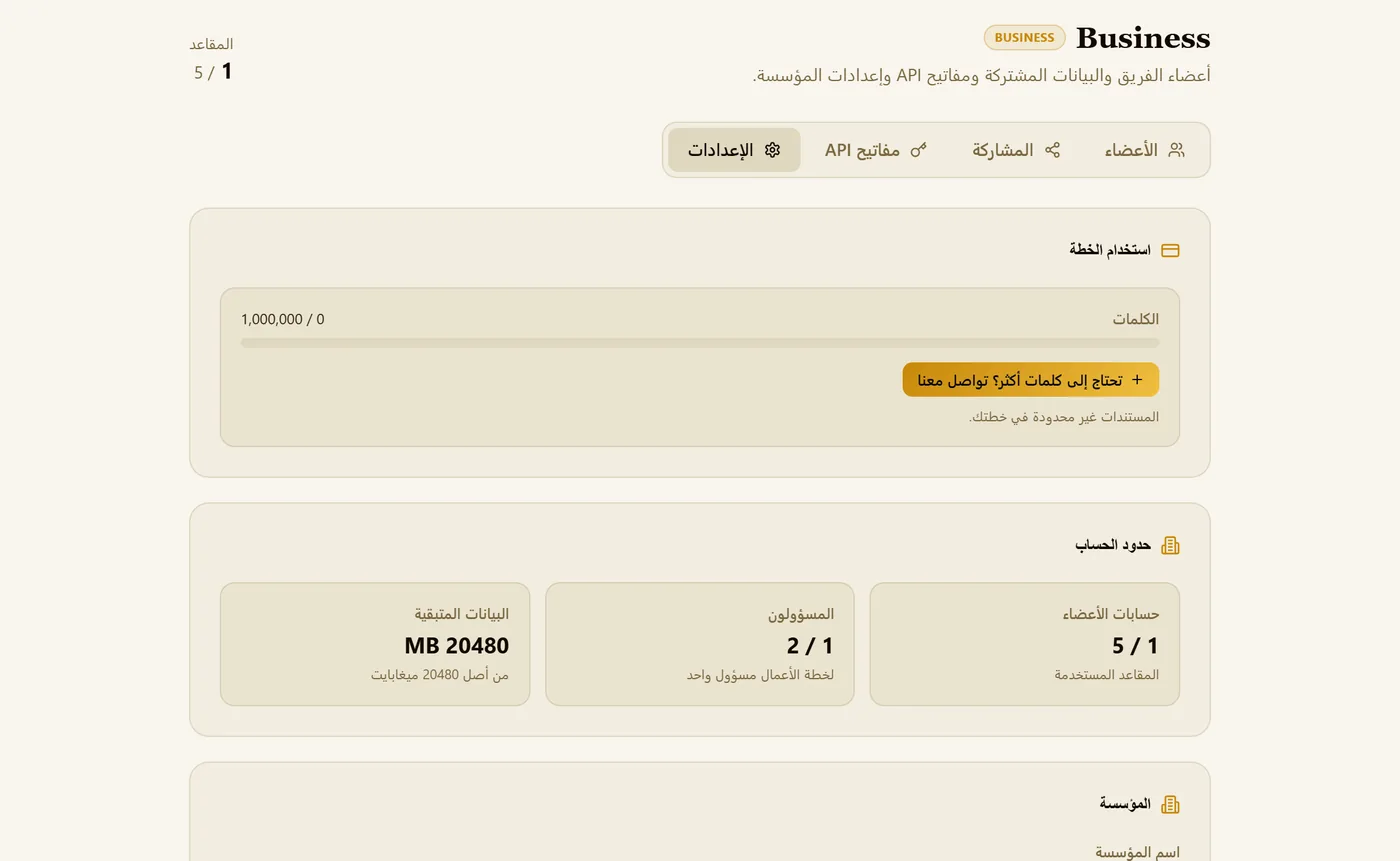 إعدادات Business: استخدام الخطة وحدود الحساب.