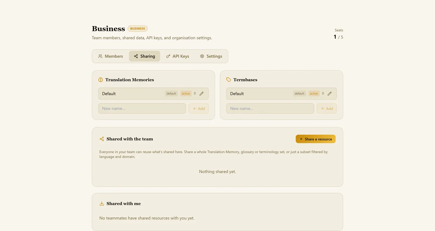Sharing: named memories and termbases, what you share, and what others share with you.