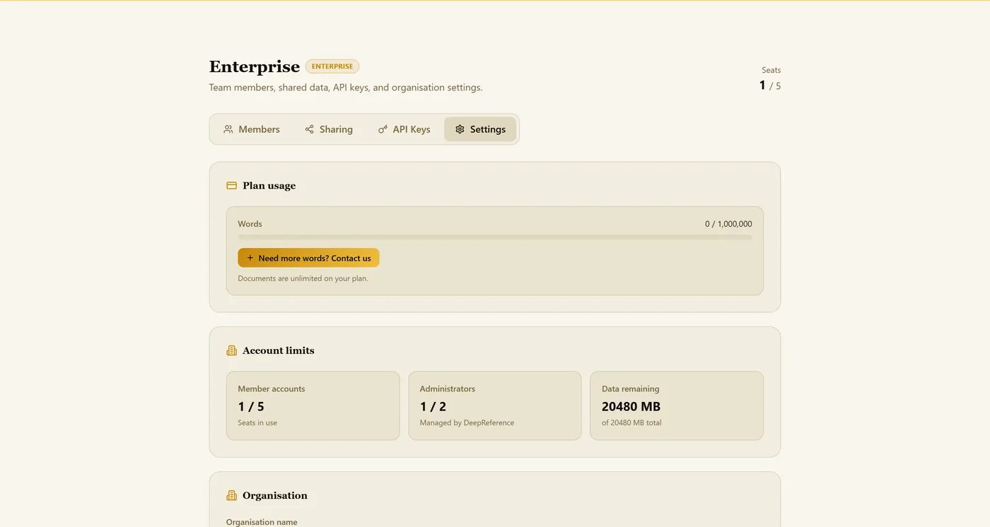 Enterprise settings: seats and administrators are managed with you by DeepReference.