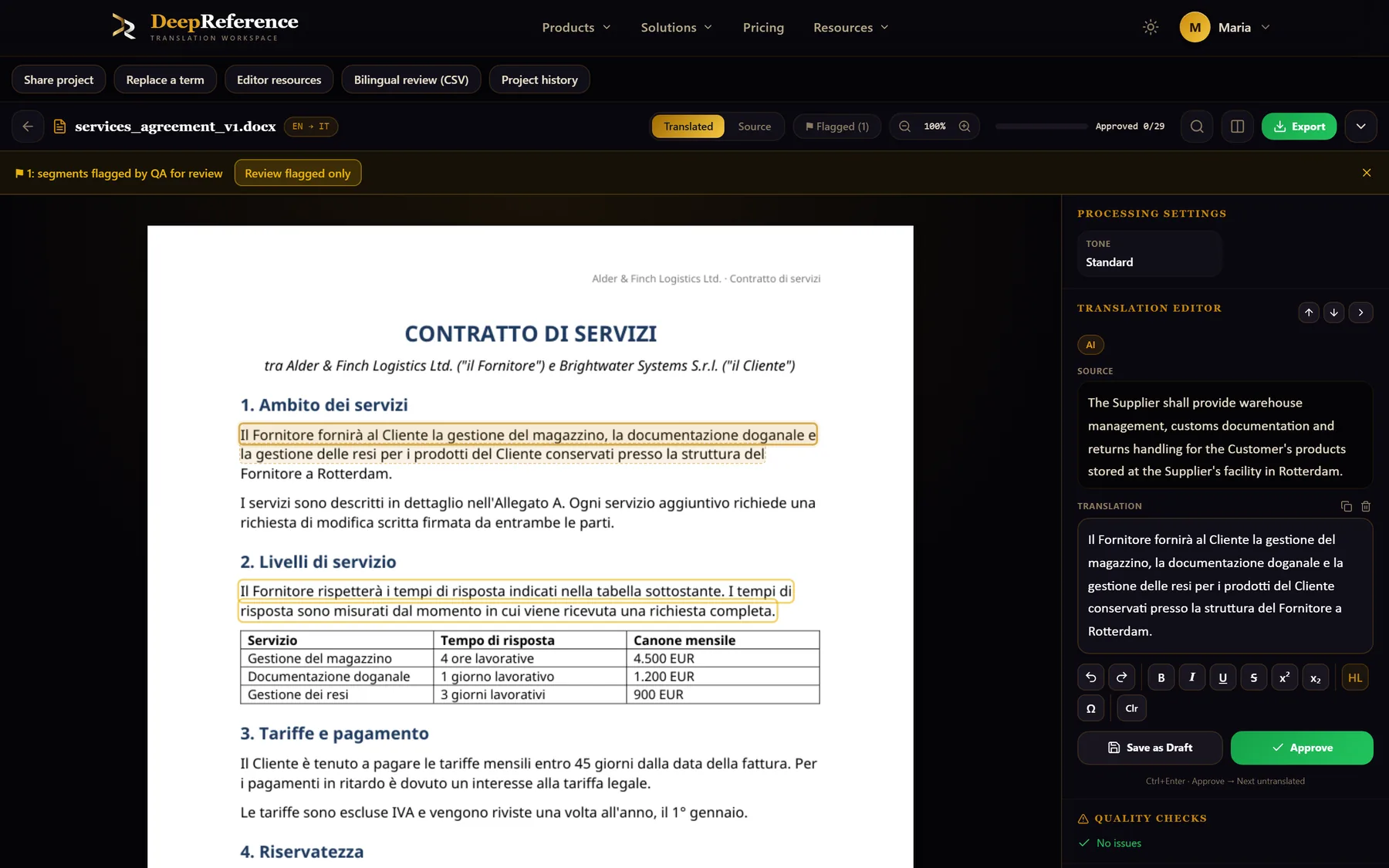 Document editor: an English services agreement translated into Italian, shown in its own layout. Selecting a paragraph shows the source and the editable translation beside it.